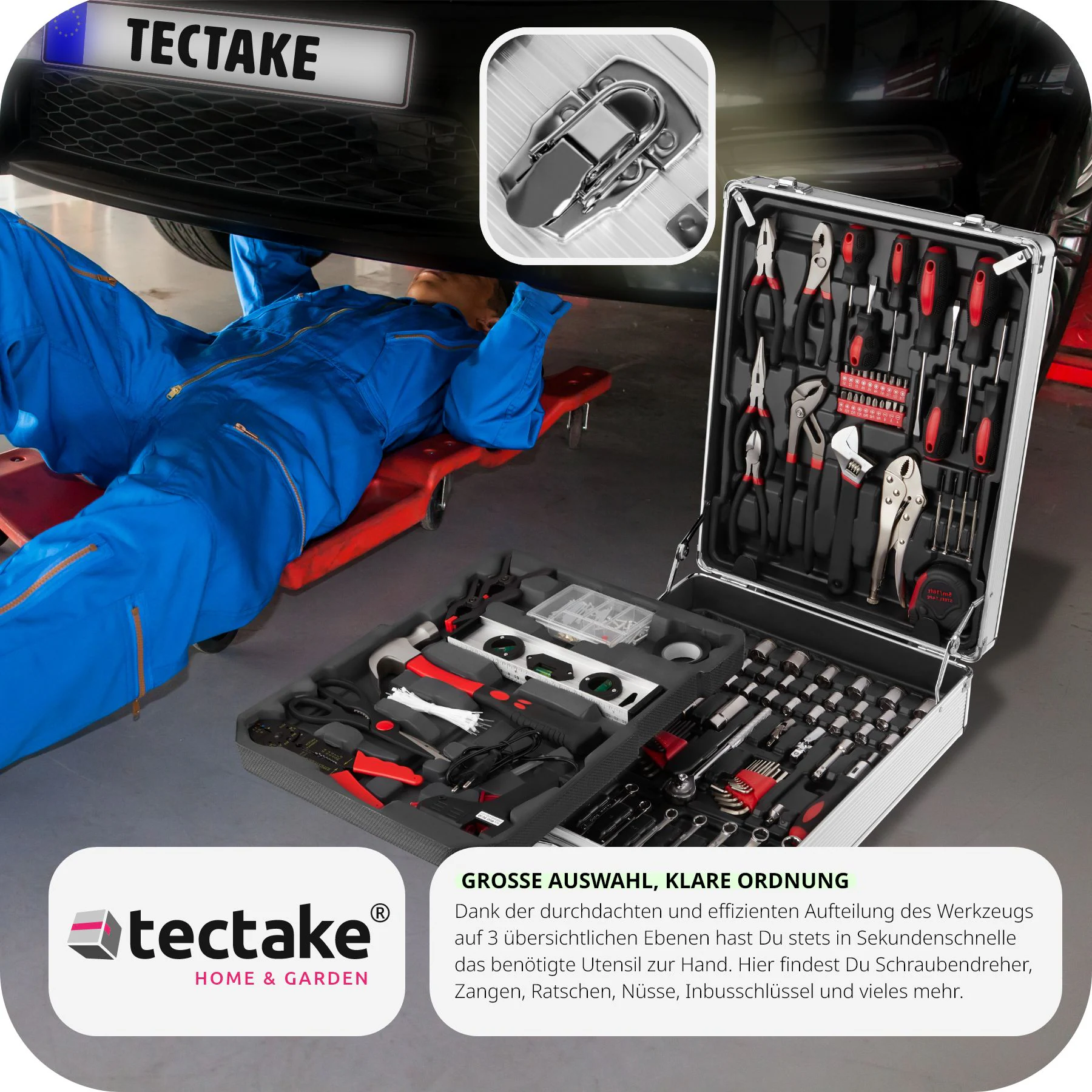 tectake® Werkzeugkoffer, 799-teilig, übersichtliche Anordnung auf 3 Ebenen, mit Klappgriff und Teleskopgriff, inklusive Handschuhe