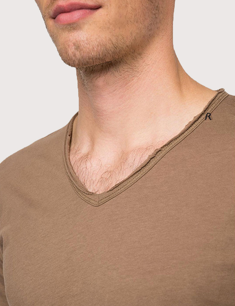 REPLAY T-SHIRT COL V COTON CIGAR