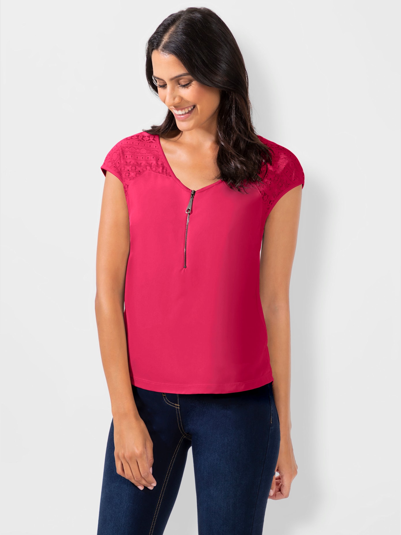 T-shirt col v à glissière épaules en dentelle