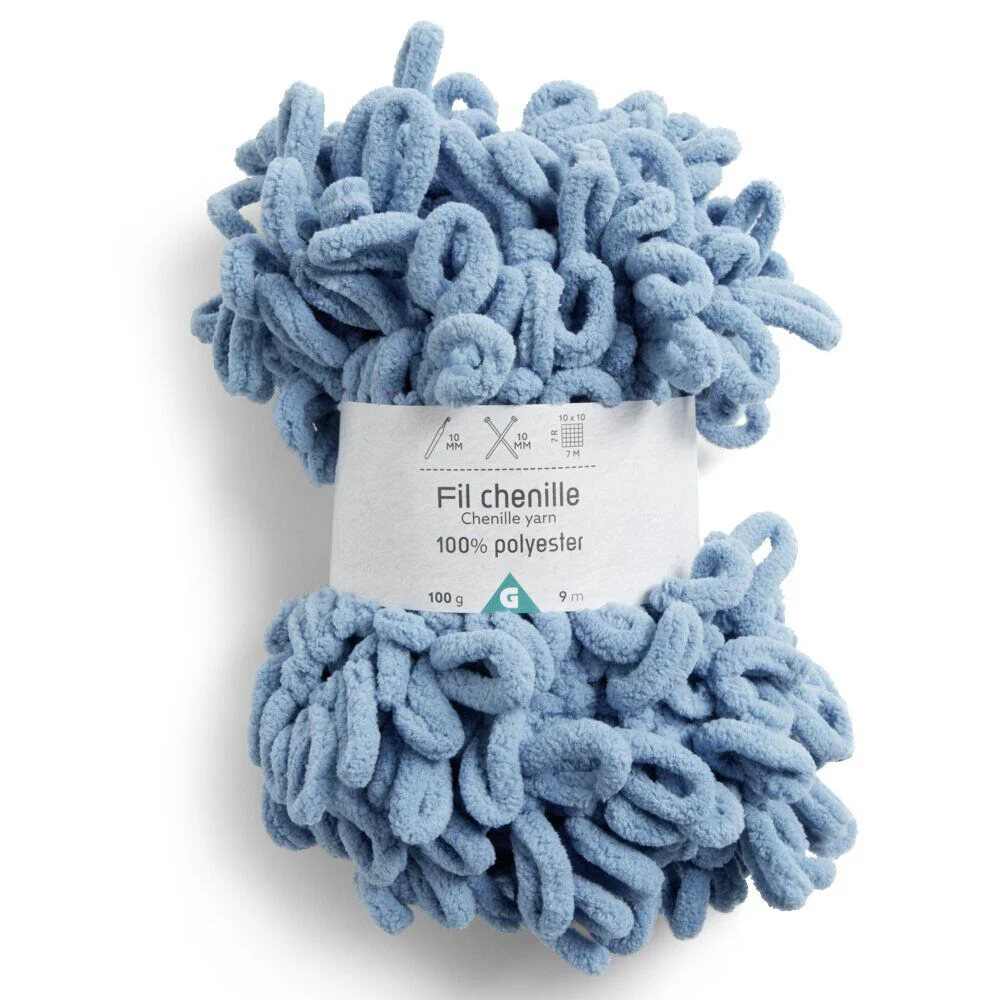 Pelote fil à tricoter 9m effet chenille polyester bleu canard 100g