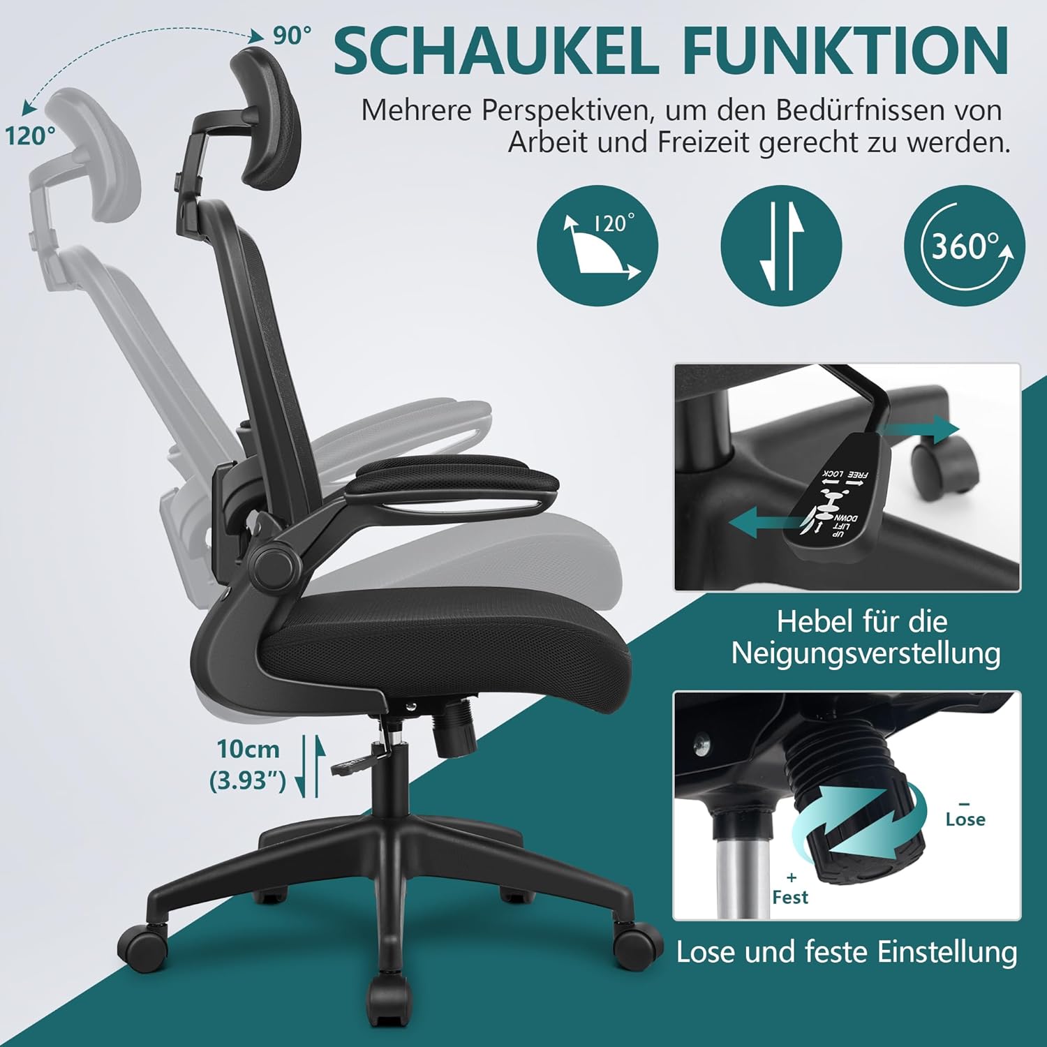 FelixKing Bürostuhl Ergonomischer schreibtischstuhl mit Verstellbarer Kopfstütze, Armlehnen, Lendenwirbelstütze, Hoher Rücken Office Chair, Schreibtischstuhl bis 300LB Belastbar(Schwarz)