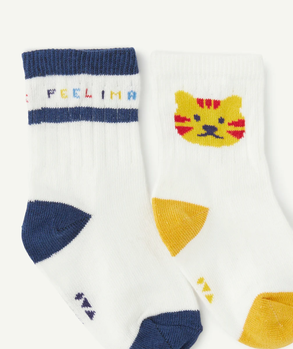 LOT DE 2 CHAUSSETTES HAUTES BÉBÉ GARÇON ÉCRUS MOTIF CHAT