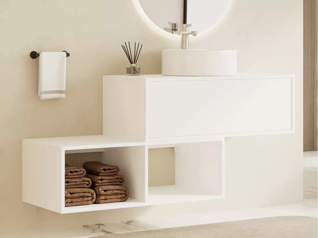 Meuble de salle de bain suspendu blanc avec vasque ronde - 1 tiroir et 2 niches - 94 cm - TEANA II