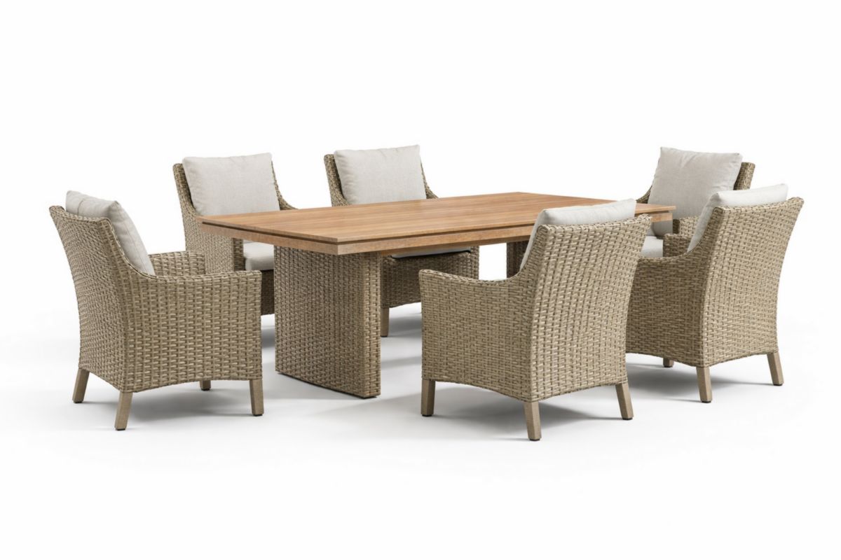 Gartenmöbel-Set Essgruppe Rattan Tisch 6 Stühle Teakholz Beige Polyrattan