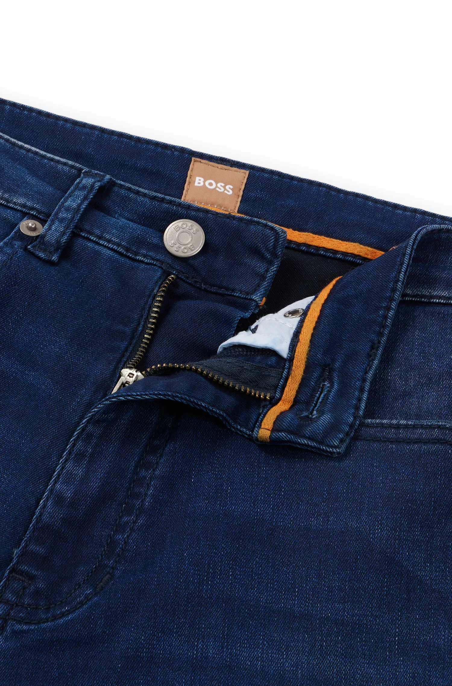 Calça jeans BOSS preta de cintura alta em denim power-stretch azul.