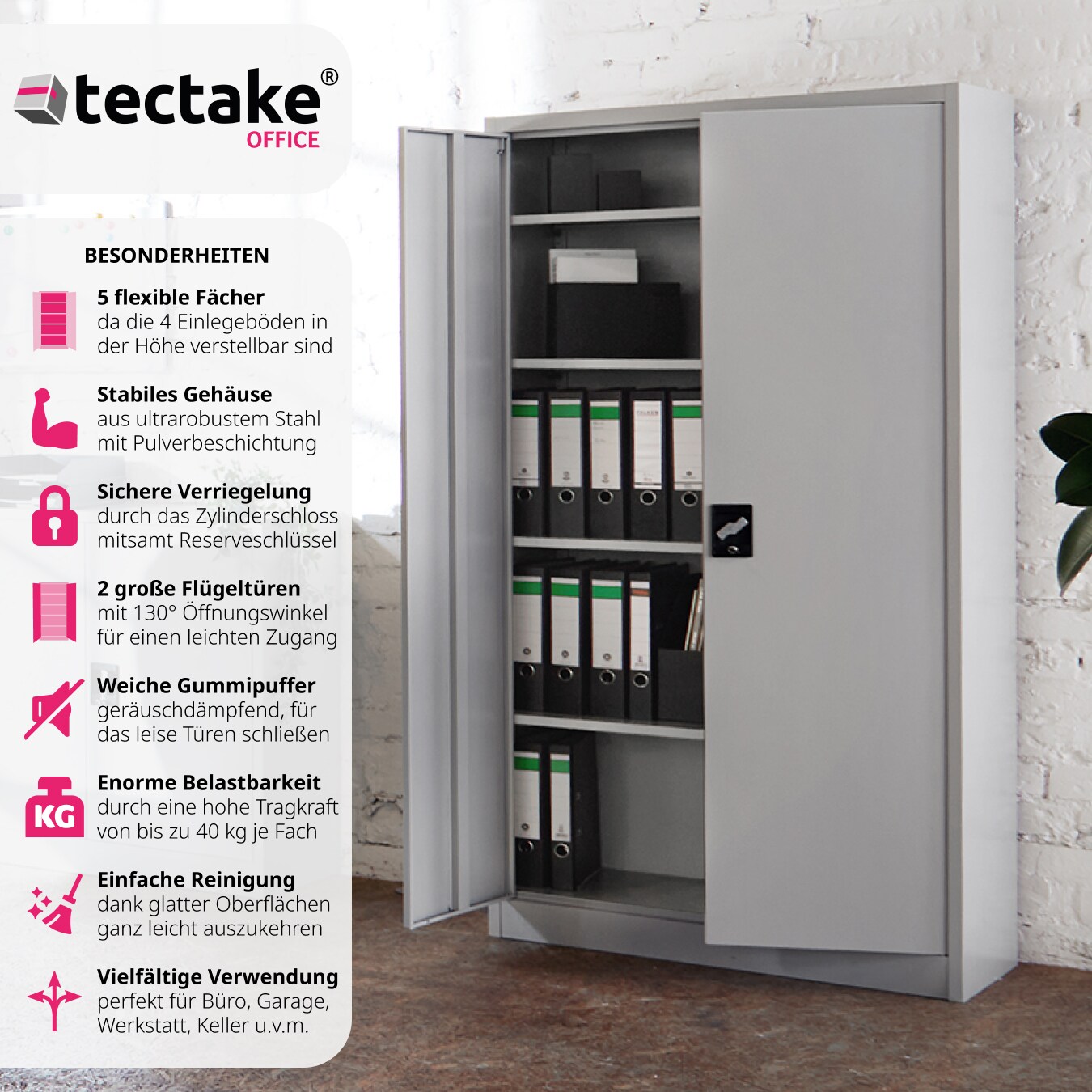 tectake® Aktenschrank, aus pulverbeschichtetem Stahl, 4 höhenverstellbare Einlegeböden, 180 x 90 x 40 cm