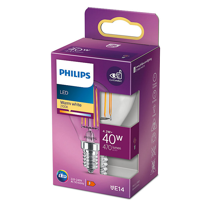 Ampoule LED E14 (SES) standard transparent 470lm 4.3W = 40W IP20 blanc chaud Philips