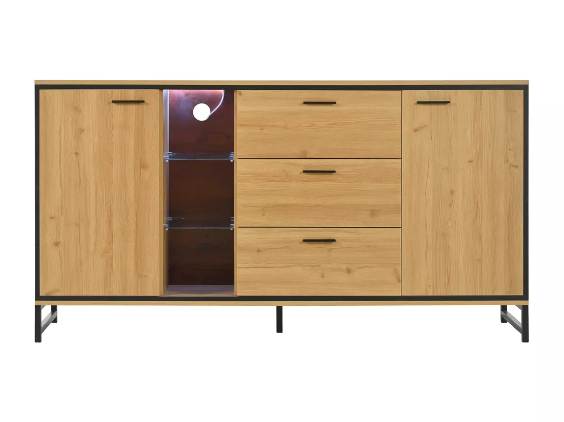 Buffet bas avec LED - 3 tiroirs & 2 portes & 3 étagères - Naturel