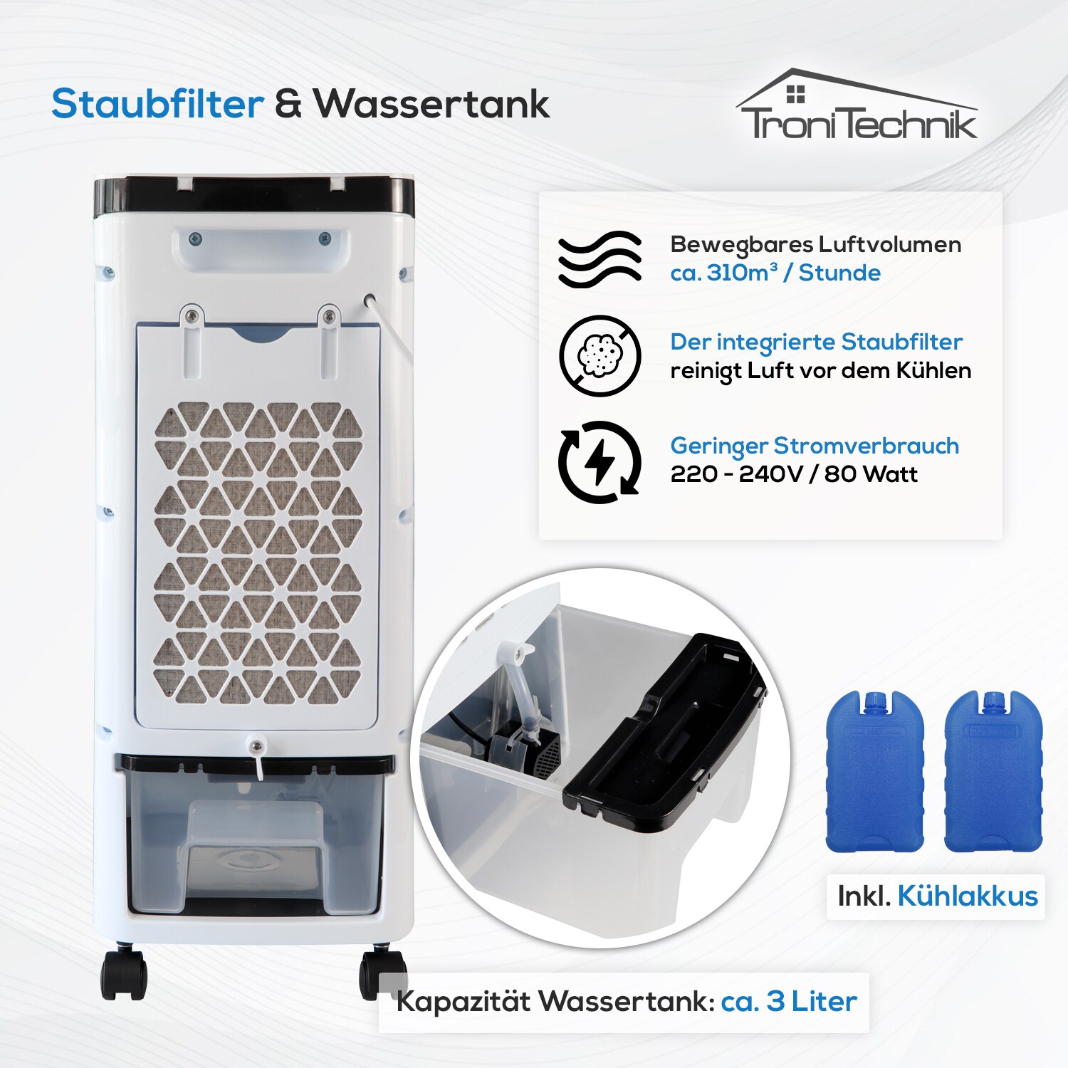 TroniTechnik® Mobiles Klimagerät 3in1 Klimaanlage Luftkühler LK04 Ventilator, inkl. Fernbedienung und Filter, 4in1 Kühler