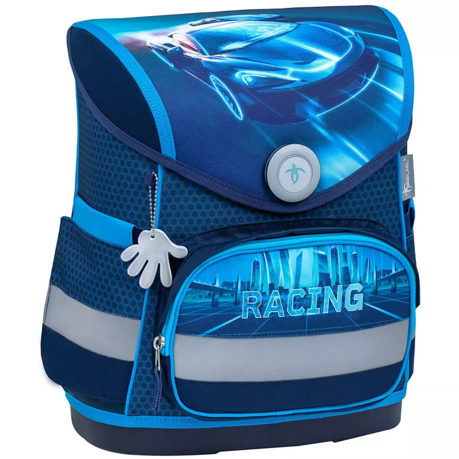 Belmil Schulranzen Compact Schulranzen Set 5-teilig mit Brustgurt Racing Blue Neon