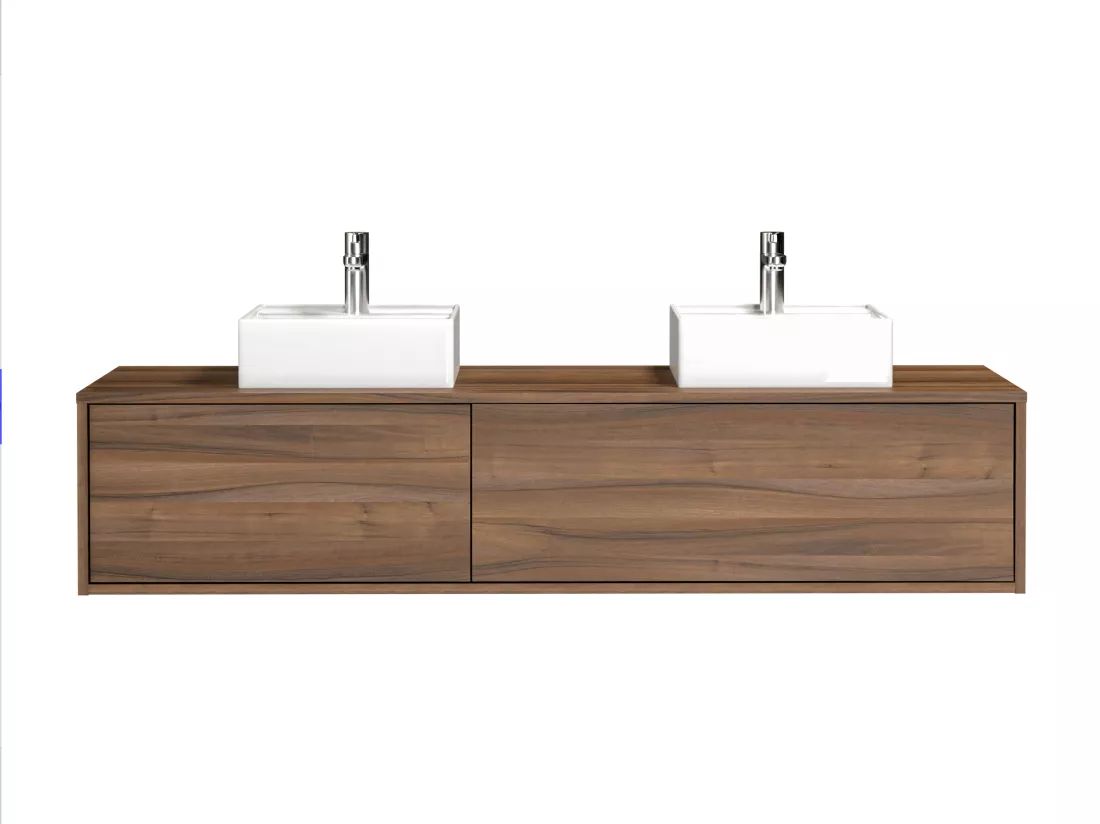 Meuble de salle de bain suspendu coloris naturel foncé avec double vasque - L150 cm - ISAURE II