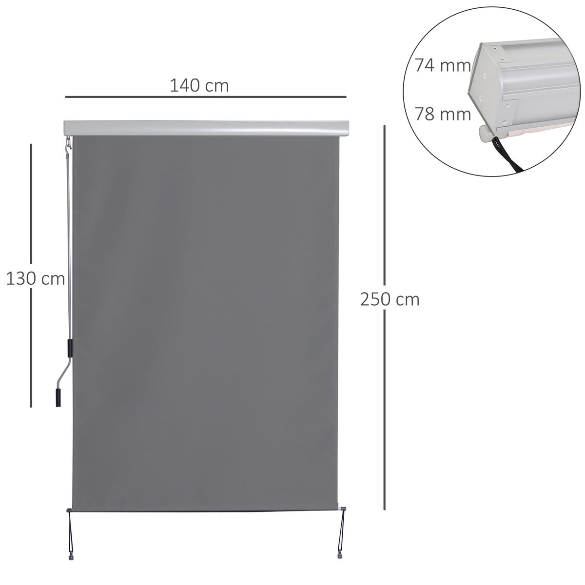Outsunny verticale zonwering, verticale zonwering met handzwengel, 250 x 140 cm, polyester doek + aluminium, donkergrijs