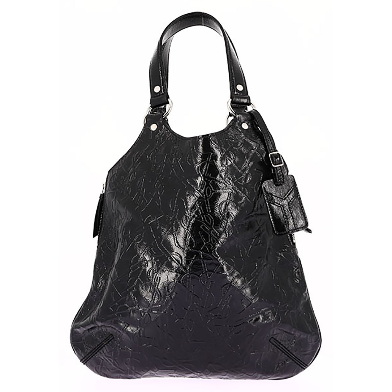 Saint Laurent Sac cabas Vintage en Cuir verni Monogramme noir - Très bon état - L.33.5 cm