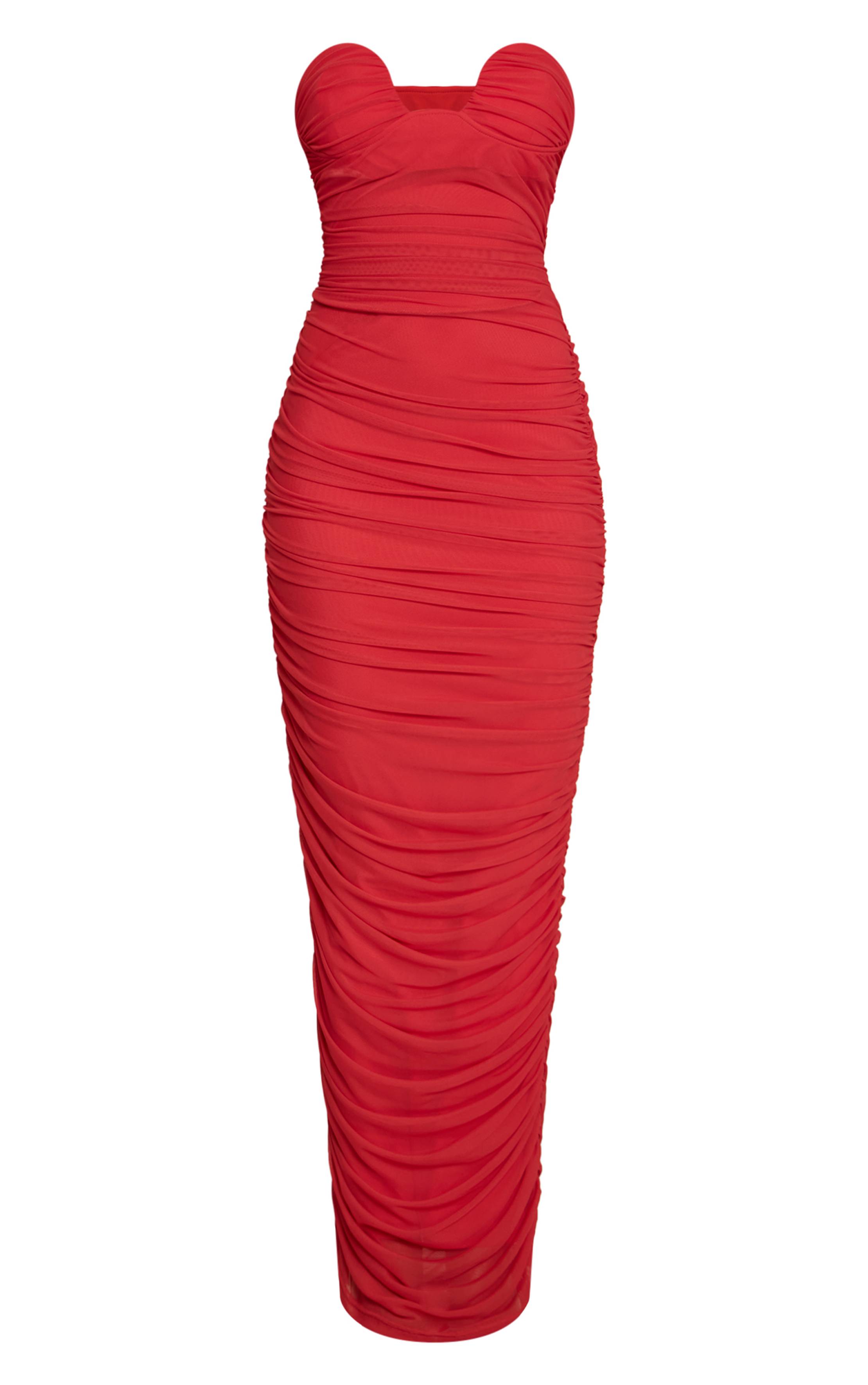 Rouge Robe Longue Bandeau Froncée En Mesh