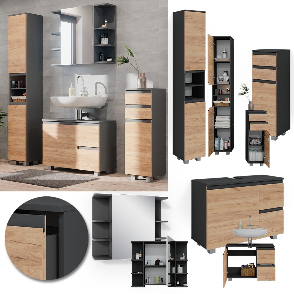 Vicco Badmöbelset J-shape Anthrazit Eiche modern Badezimmer Schrank Badschrank Waschtischunterschrank Spiegelschrank Midischrank Hochschrank Schranktür Schrankschublade Schrankfach Ablage Aufbewahrung