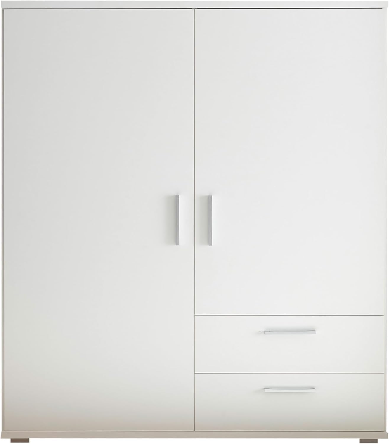 Stella Trading Adeline Kommode – Elegante Schlafzimmer-Kommode mit 2 Türen & 2 Schubkästen in Weiß – stilvolles & funktionales Möbel mit Teleskop-Kleiderstange – 120 x 140 x 38 cm (B/H/T)