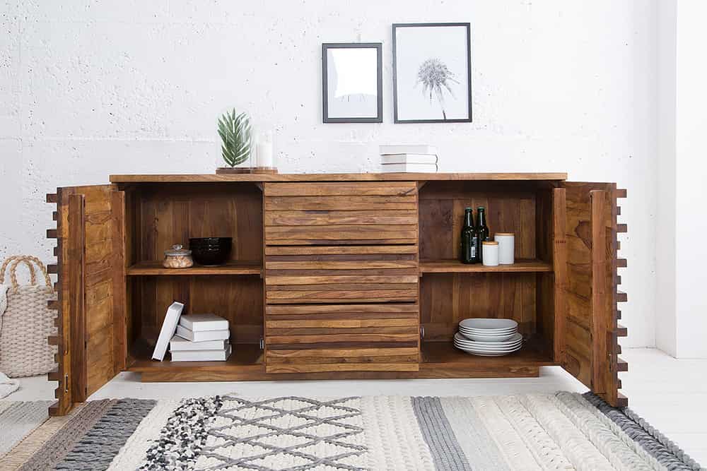 Massivholz Sideboard RELIEF 160cm braun Sheesham stone finish Kommode mit Schubladen