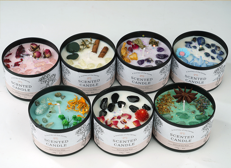 Duft Kerze in Dose Aromatherapie Sojawachs Kerze Home Deko Kristall Steine / Blumen - Ylang