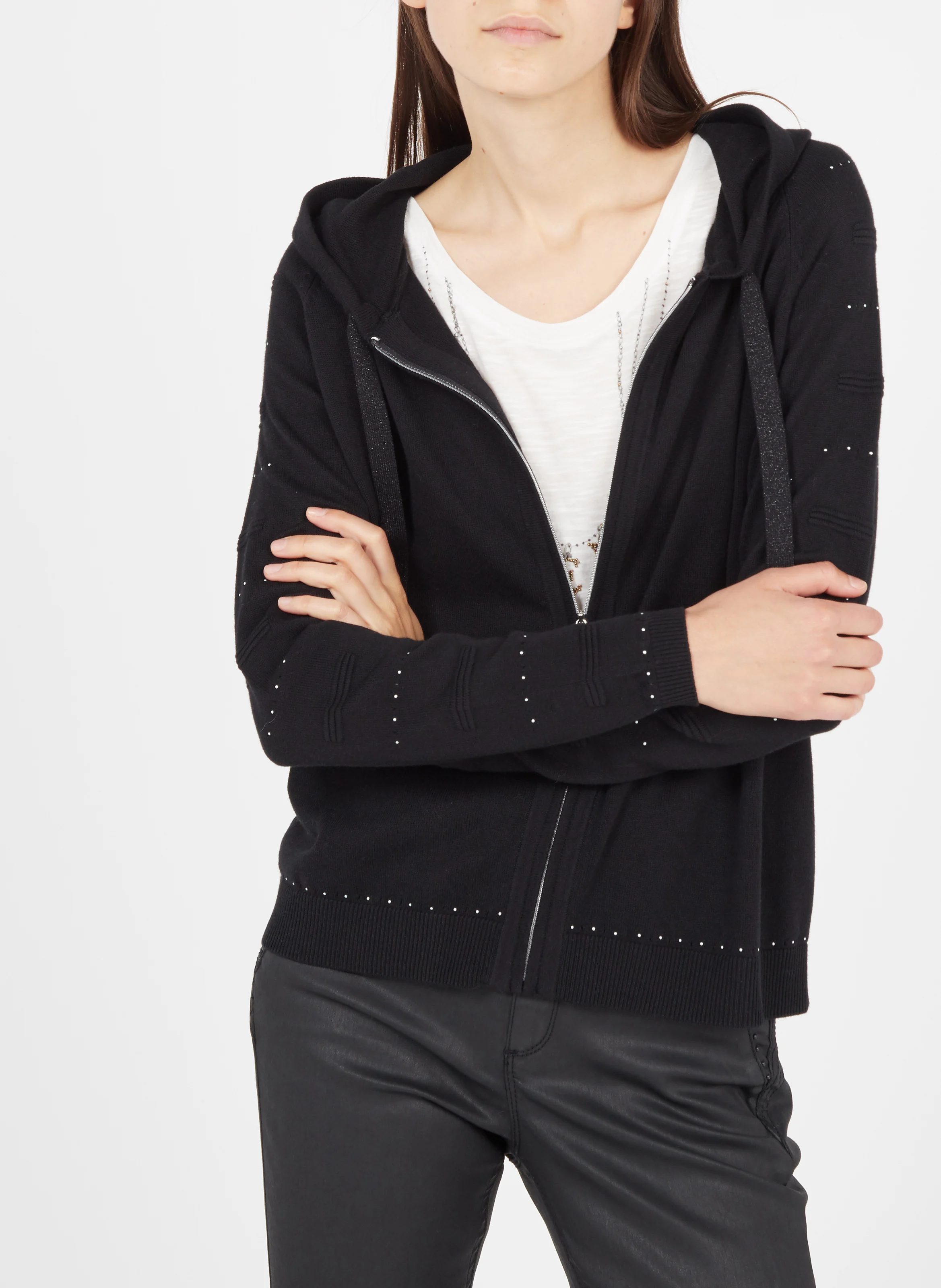 Gilet zippé à capuche en coton mélangé| Noir