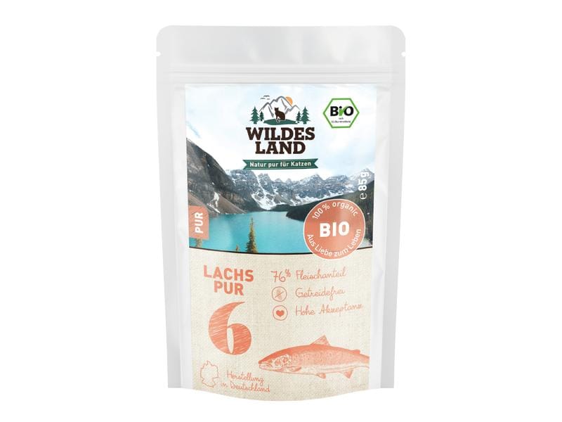Wildes Land Nassfutter Adult BIO Lachs PUR m. Lachsöl 85 g Hochwertiges Biofutter aus Lachs und Lachsöl