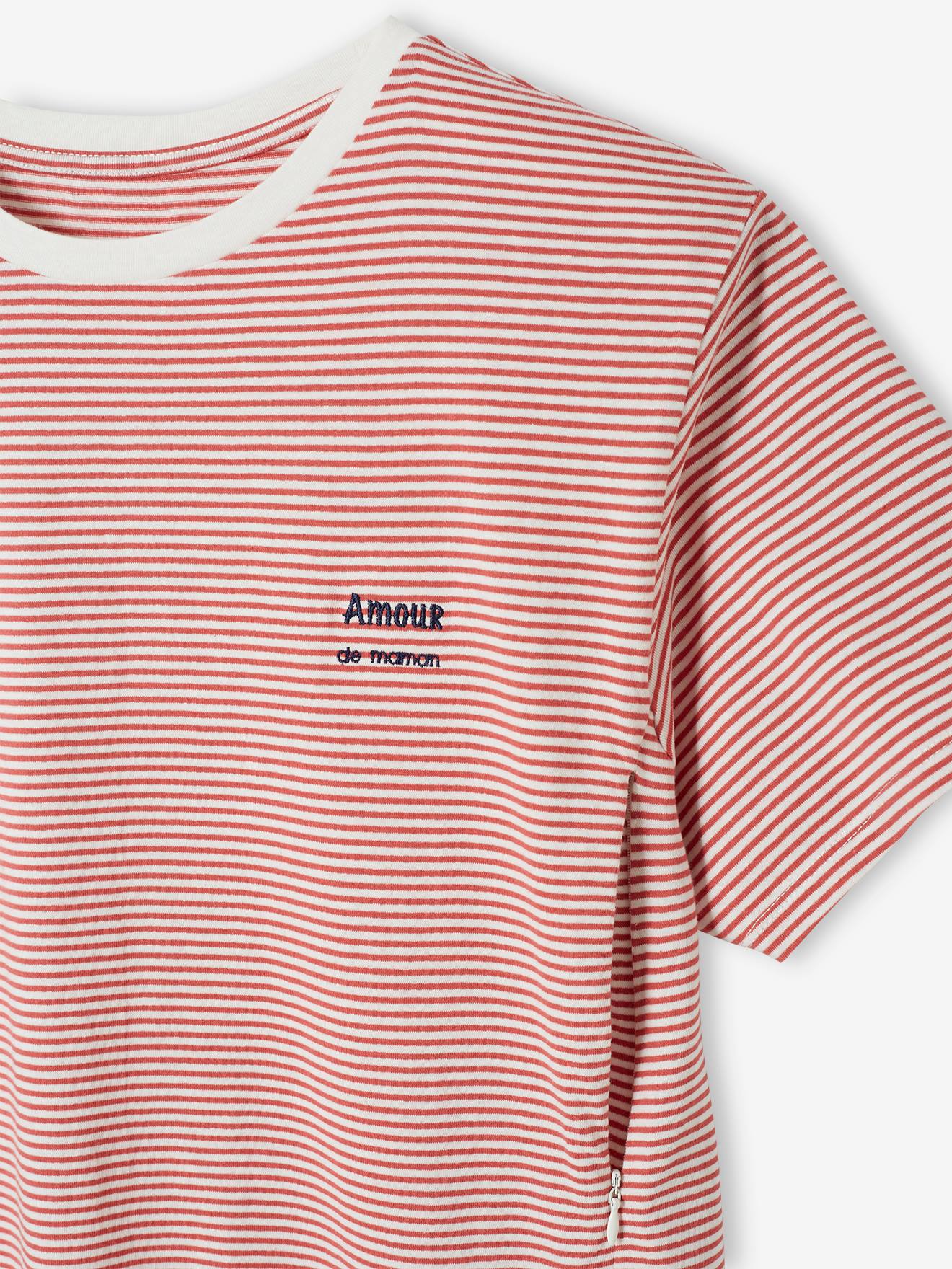 Camiseta listrada para gestantes e lactantes, personalizável, tamanho médio, em algodão listrado vermelho.