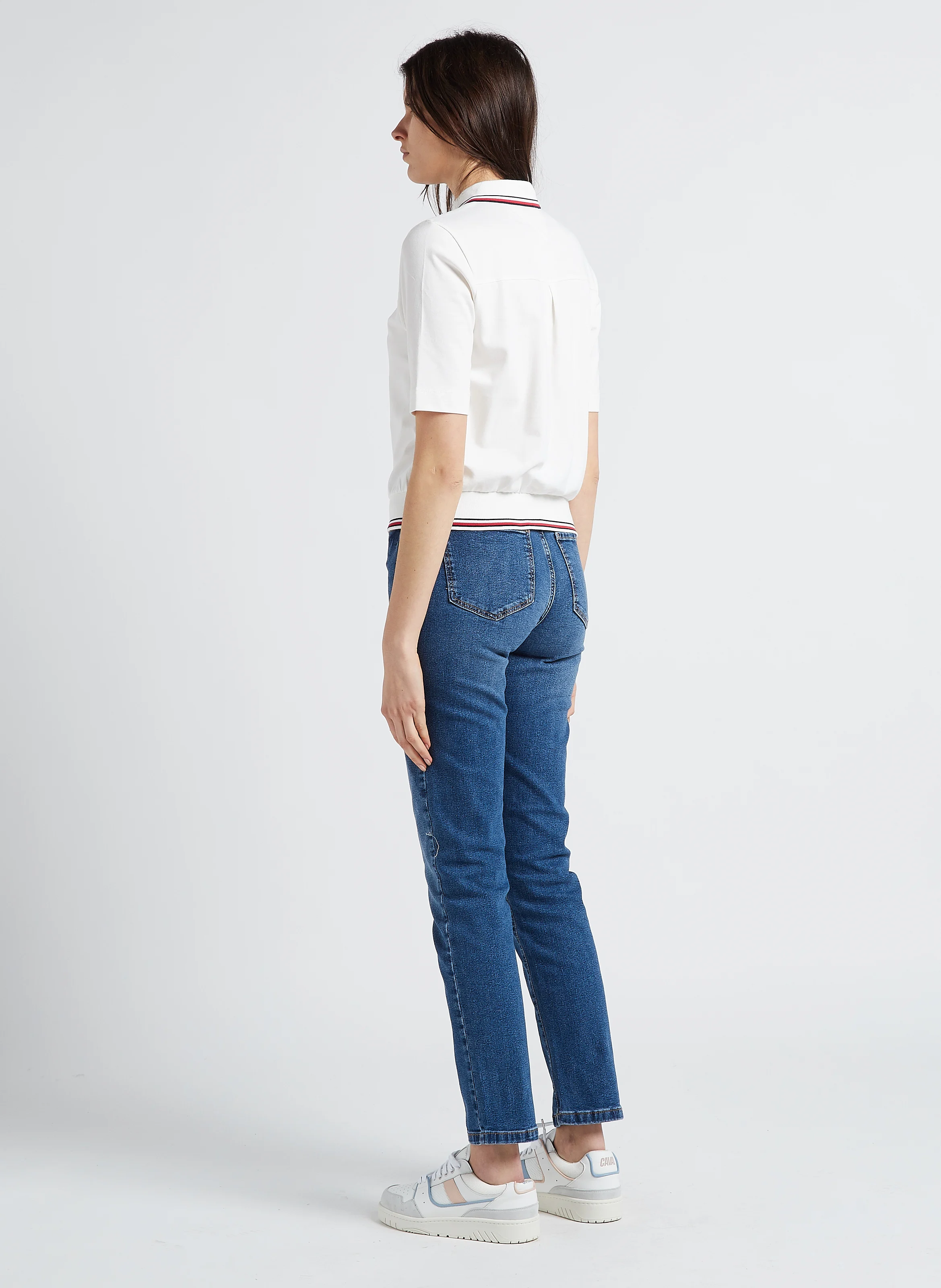 Jean droit taille mi-haute en denim de coton| Bleu