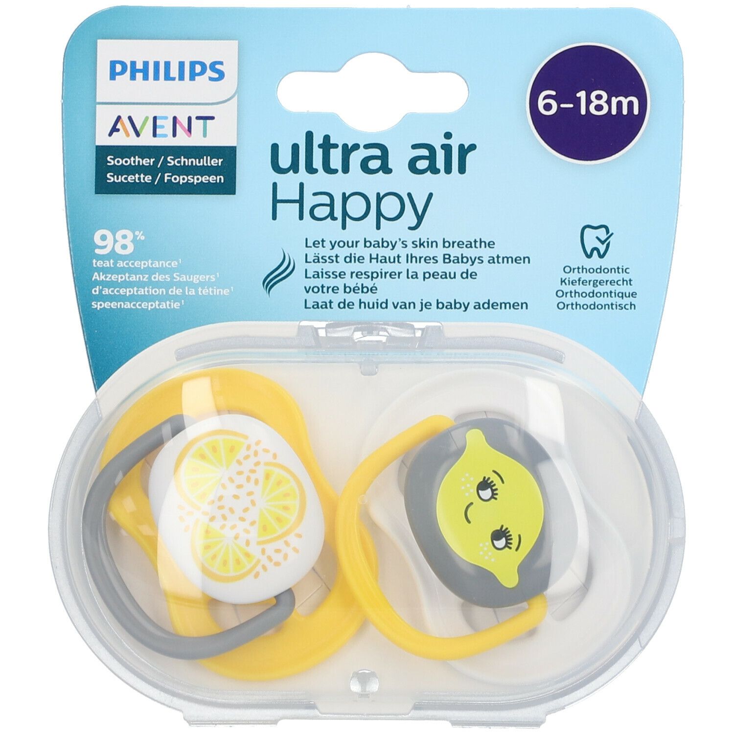 PHILIPS Avent Ultra Air Happy Schnuller 6-18 Monate, Zitrone