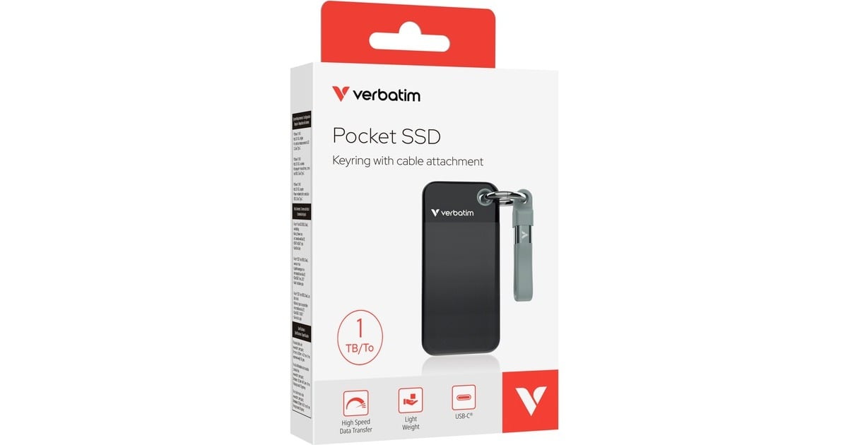 VerbatimPocket 1 TB externe SSD  (Zwart/grijs, USB-C 3.2 Gen 2 (10 Gbit/s), Incl. met sleutelhanger en kabelbevestiging)