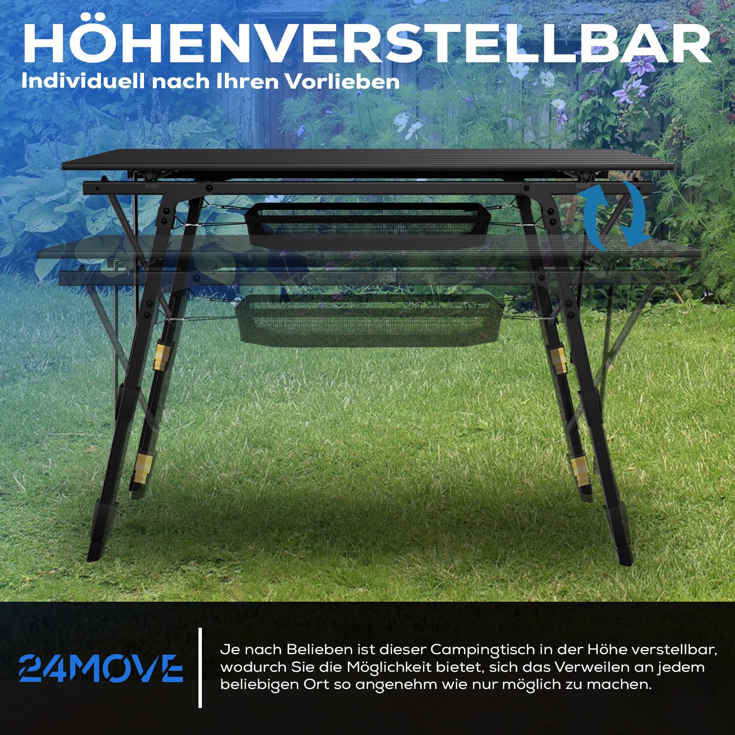 24MOVE® Campingtisch Klapptisch mit Aluminiumrahmen, Tischplatte aufrollbar, Falttisch klappbar, höhenverstellbar, inkl. Tragetasche - bis 30 kg, Anthrazitgrau