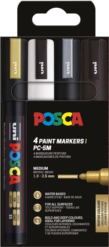 POSCA - 4-delige Set - Permanentmarkers - Zwart, Wit, Goud, Zilver - Acryl