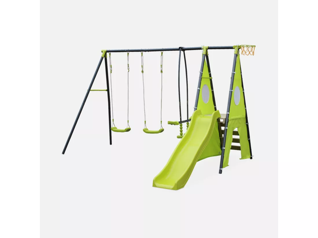 Balançoire 5 agrès - Portique avec 2 balançoires. 1 face à face. 1 toboggan. 1 panier de basket. 1 mur d'escalade et 1 tente