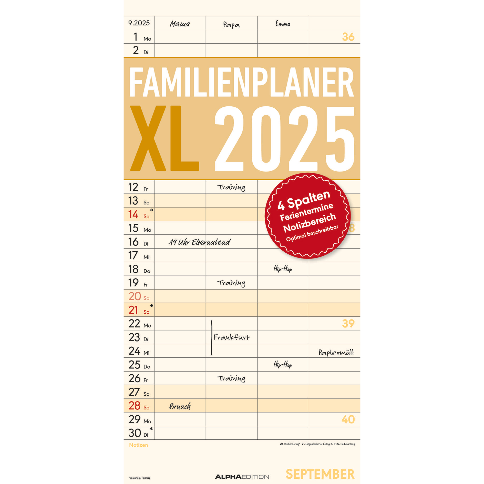 Familienplaner XL 2025 - mehrfarbig - 22x45 cm
