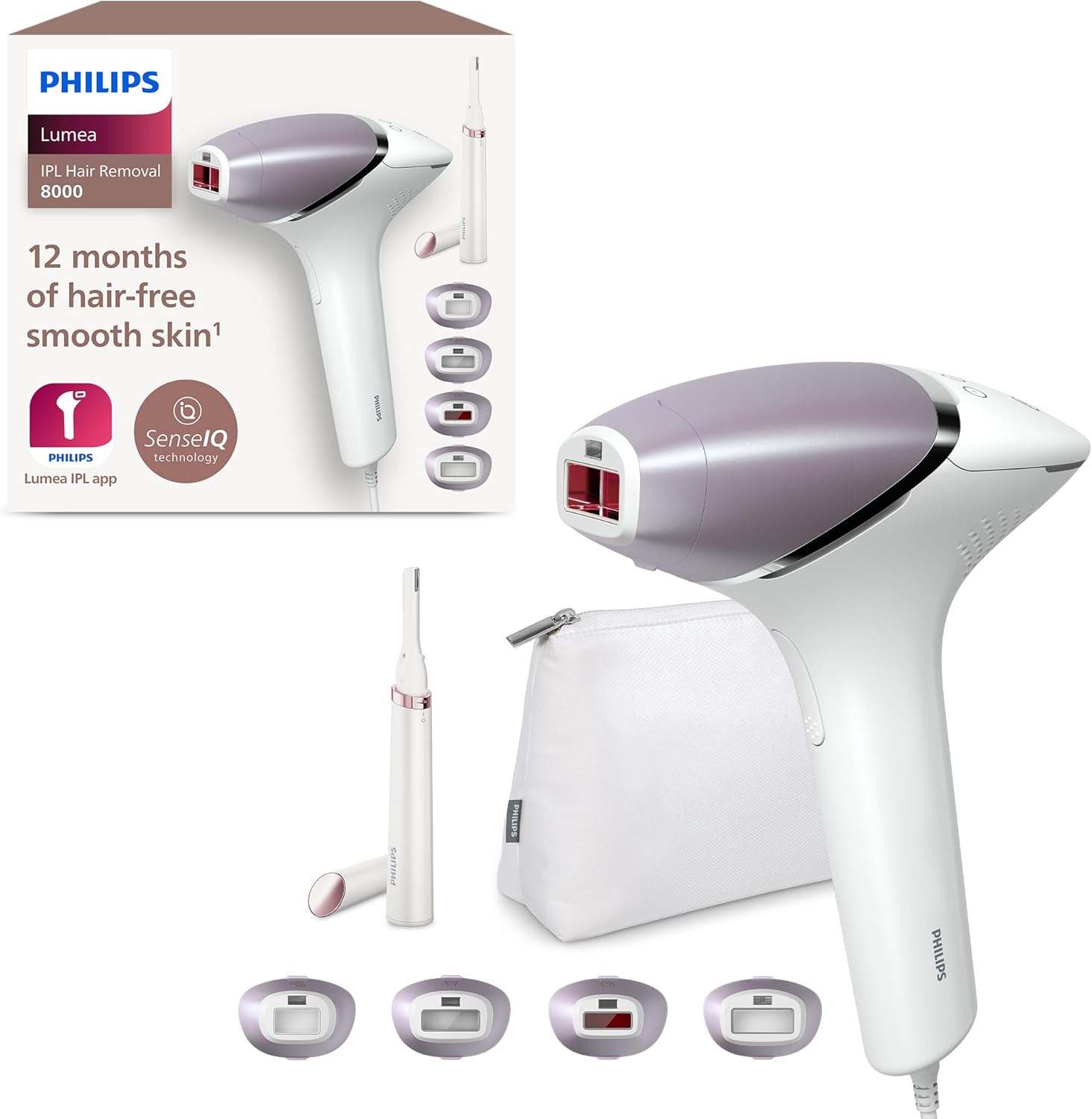 Philips Lumea IPL Haarentfernungsgerät 8000 Series – Haarentfernungsgerät mit SenseIQ Technologie, 4 Aufsätze und Satin Compact Korrekturtrimmer (Modell BRI949/00)