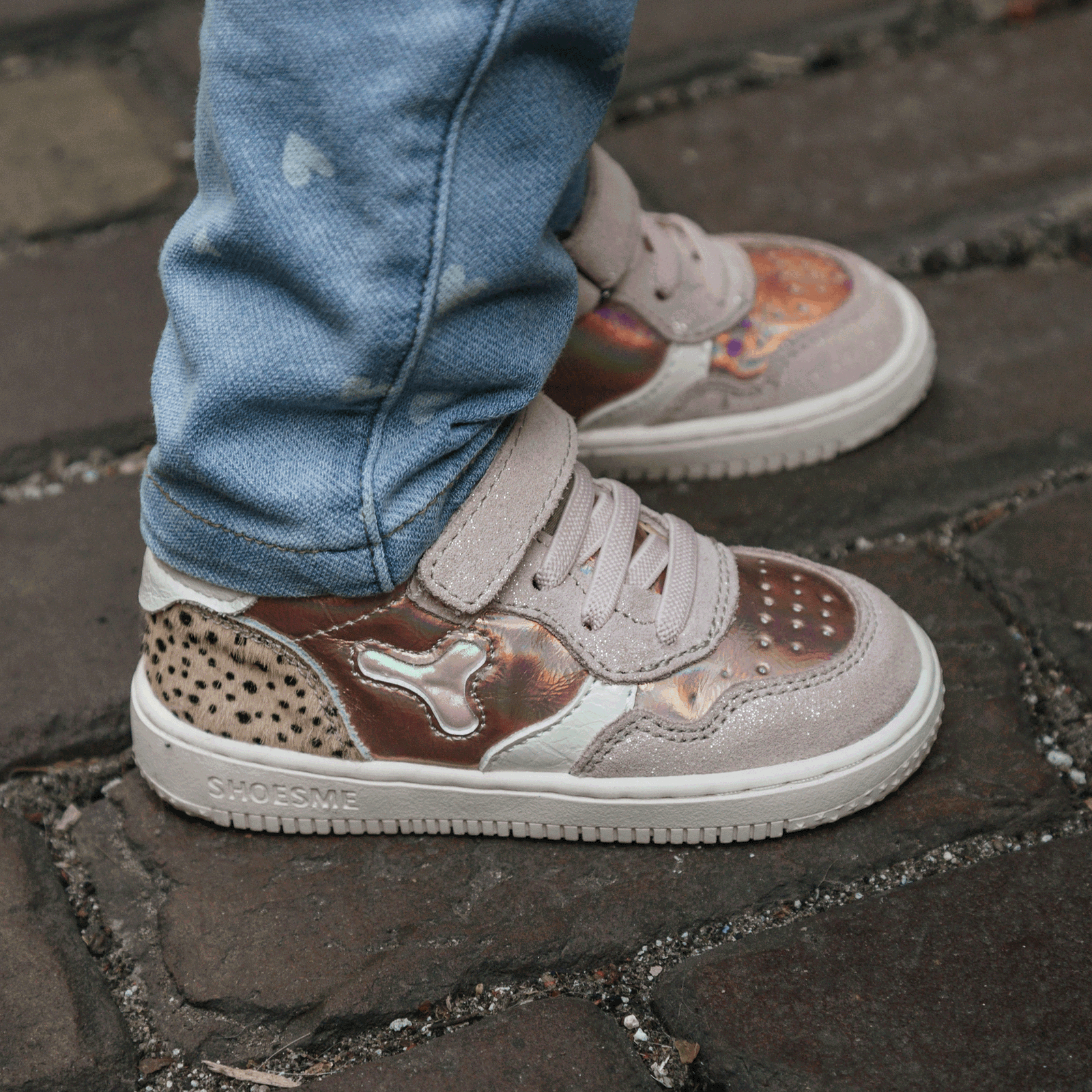 Shoesme roze sneaker met panterprint Leer, Metallic, Suède | Meisjes schoen