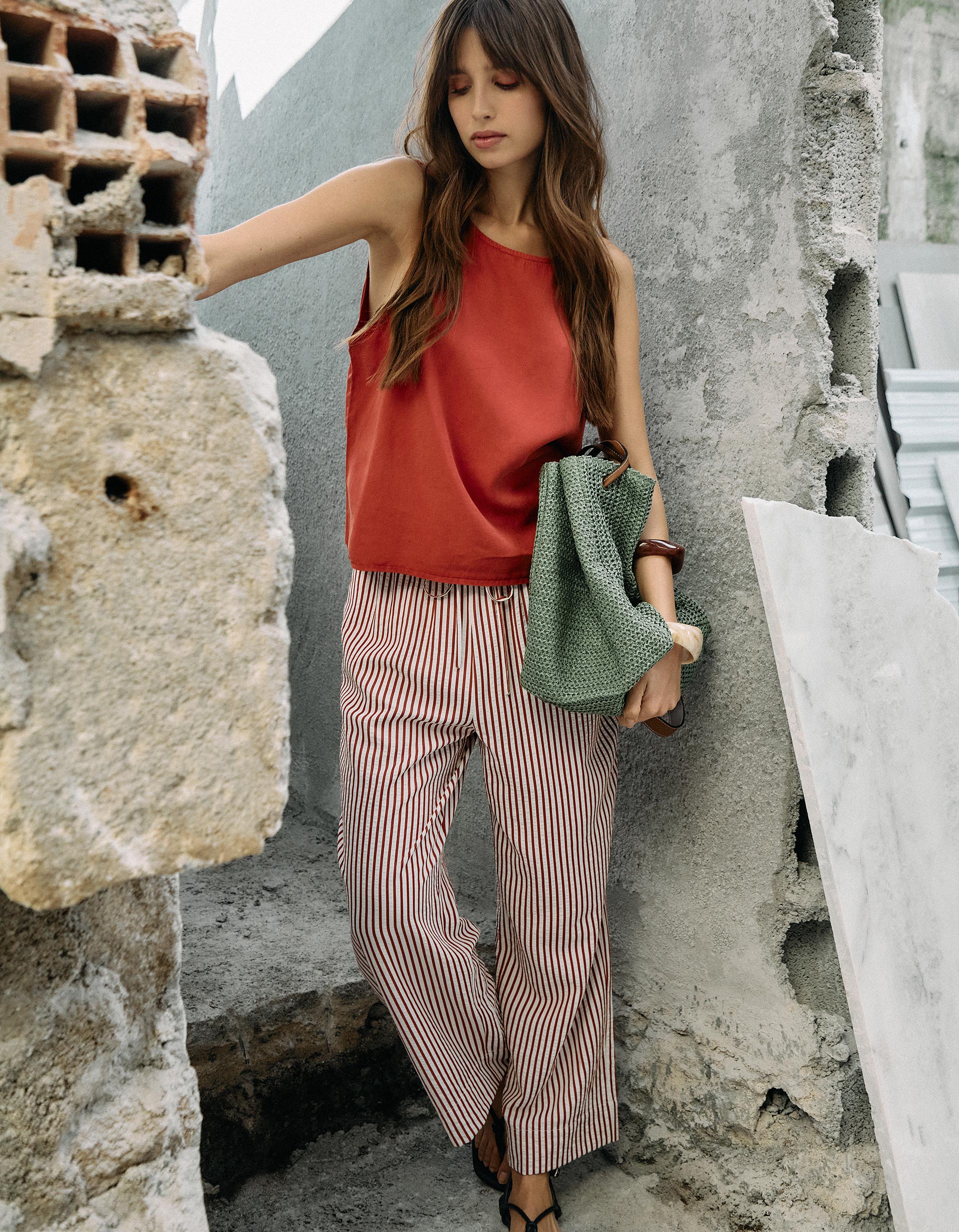 Calças com Riscas, Mulher, Vermelho Escuro