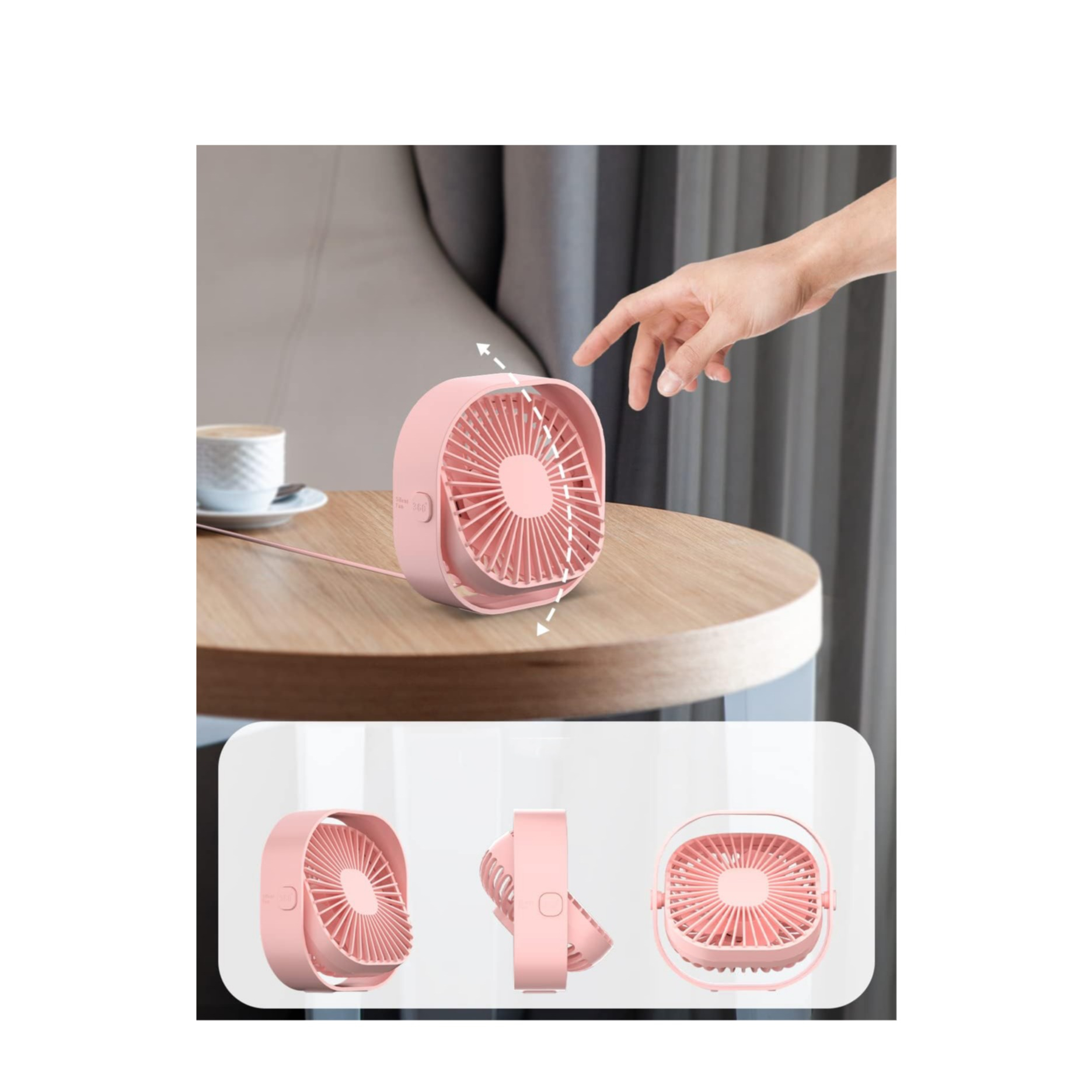 (12x12cm) 5W USB Desktop Ventilator Schreibtisch Lüfter mit Standfuss / 3 Geschwindigkeitsstufen - Rosa