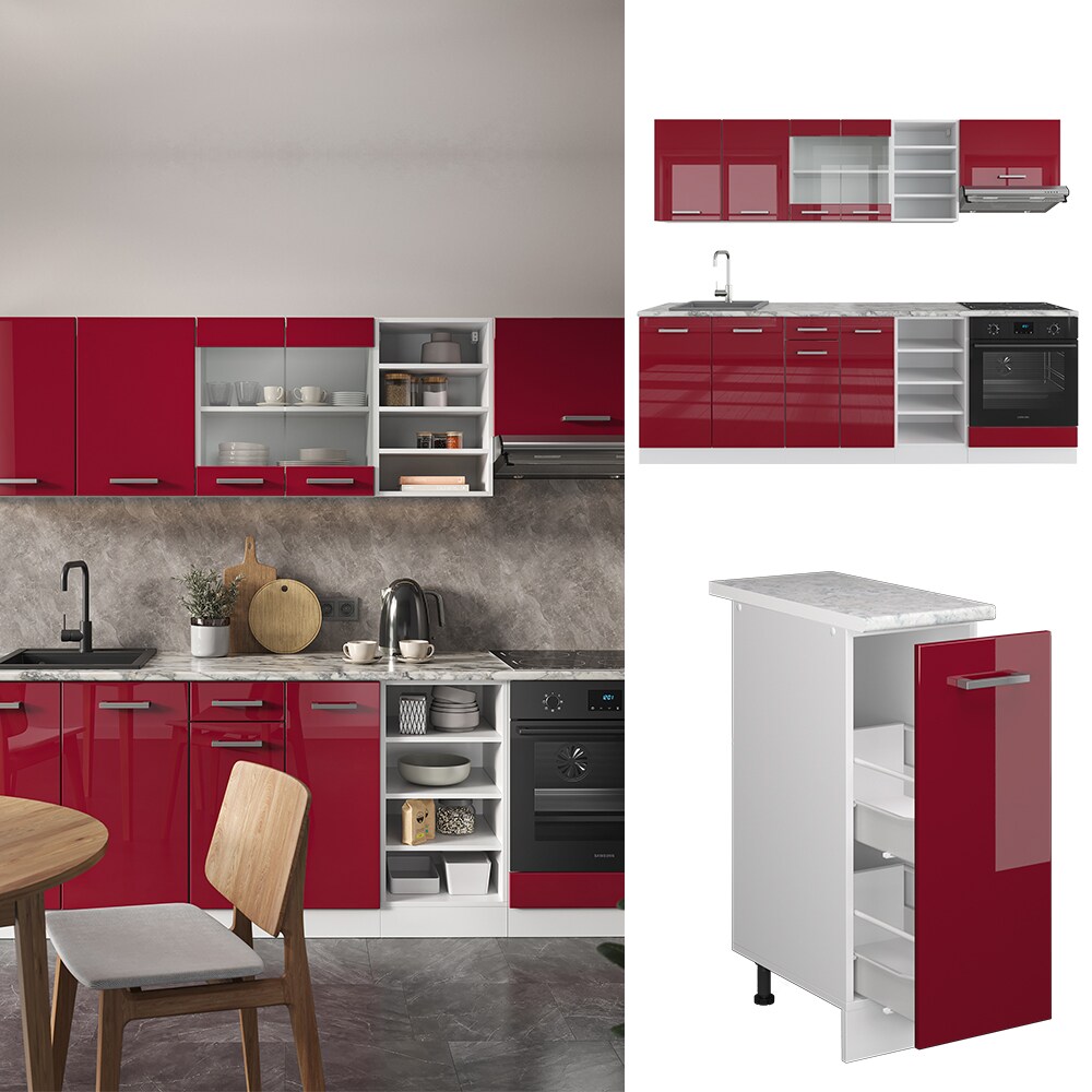 Vicco Küchenzeile Küchenblock Einbauküche R-Line 240 cm Weiß Bordeaux Arbeitsplatte Hochglanz