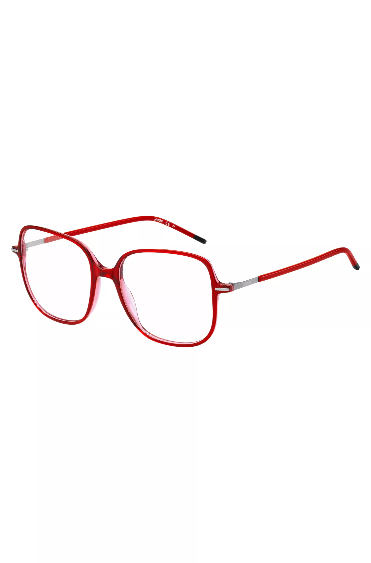 Óculos de grau HUGO em acetato vermelho com hastes em aço inoxidável.