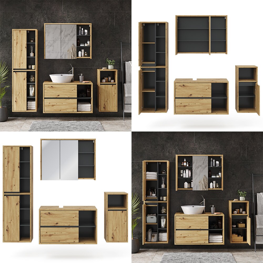 Vicco Badmöbelset Viola Eiche Anthrazit modern Badezimmerschrank Badschrank Badezimmermöbel Waschtischunterschrank Spiegelschrank Midischrank Hochschrank Schranktür Schrankfach Ablage Aufbewahrung