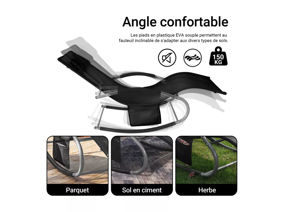 SoBuy OGS28-Sch Fauteuil à Bascule en Métal Chaise Longue Transat de Jardin Transat de Relaxation Bain de Soleil Rocking Chair - Repose-Pieds Intégré - Noir
