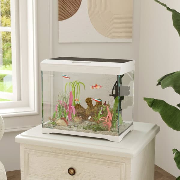 Akvarium med LED-belysning, filtersystem, 17L fisketank, tropisk fiskeakvarium med vannpumpe hvit