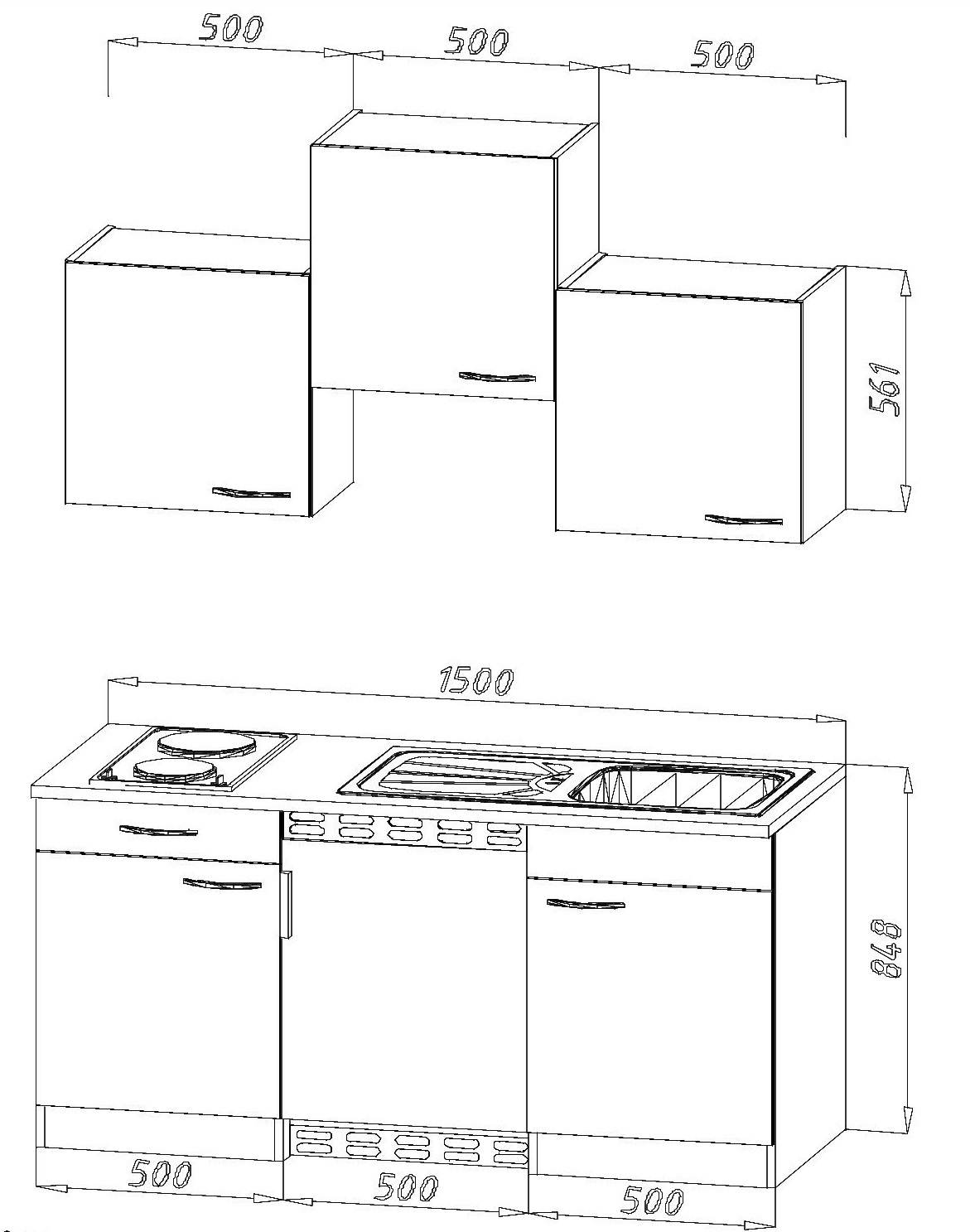 RESPEKTA Singleküche OLIVER - grau - Eiche York - mit E-Geräten - 150 cm