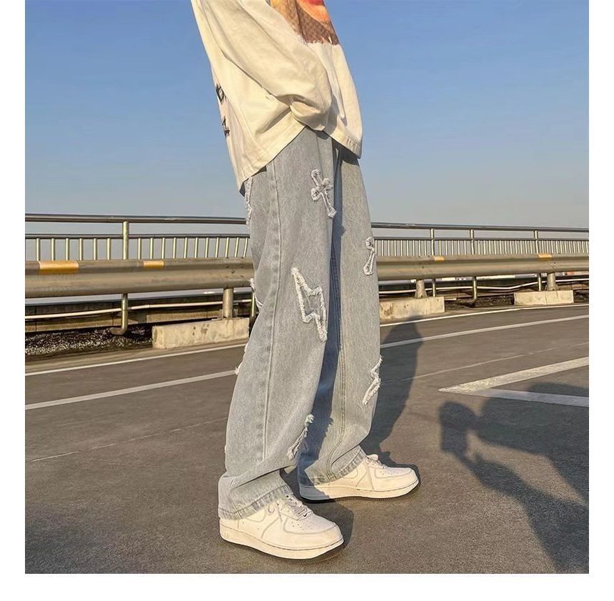 DuckleBeam - High-waist gewassen gescheurde straight-cut jeans