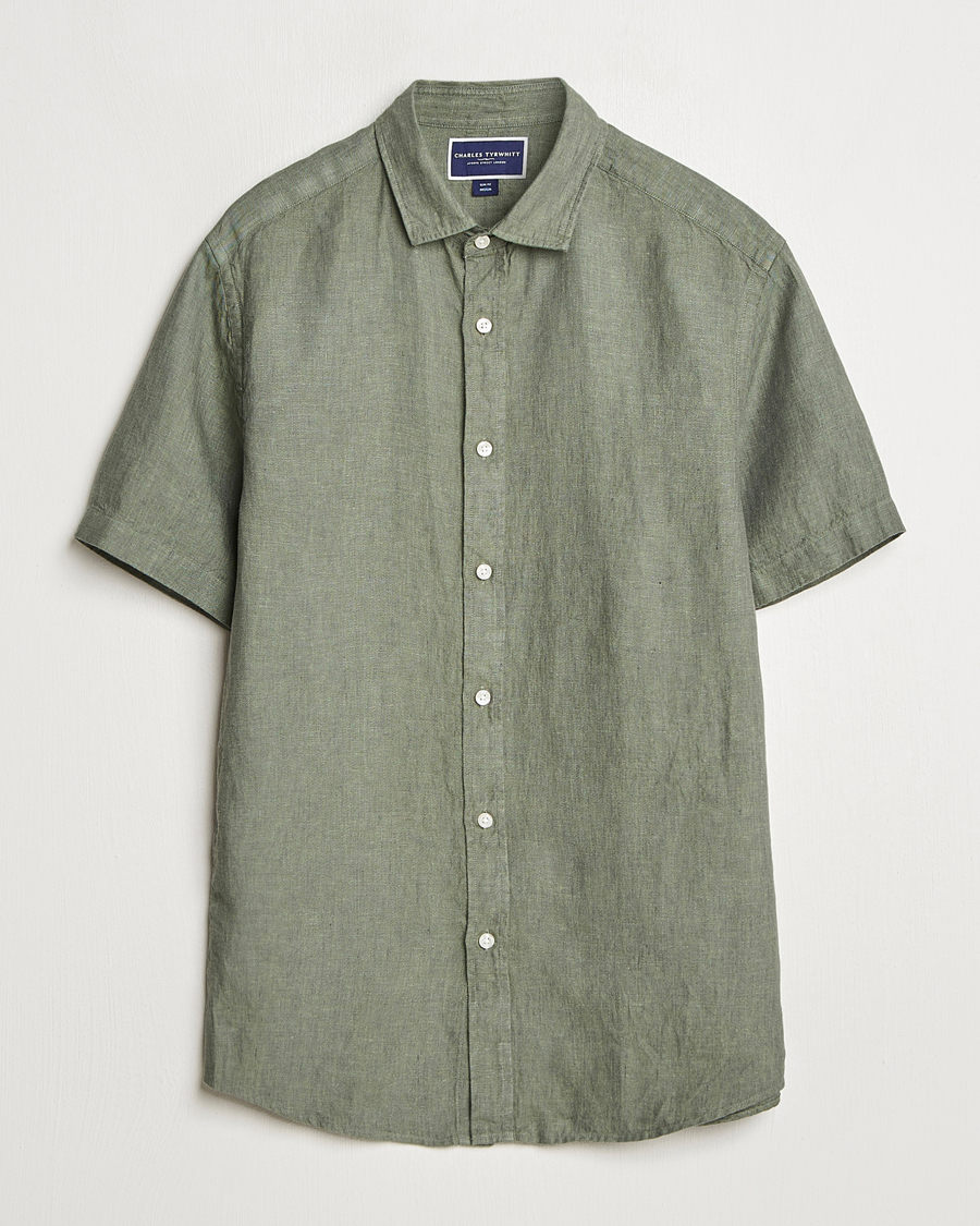 Charles Tyrwhitt Pure Linen Short Sleeve Slim Fit Shirt Olive