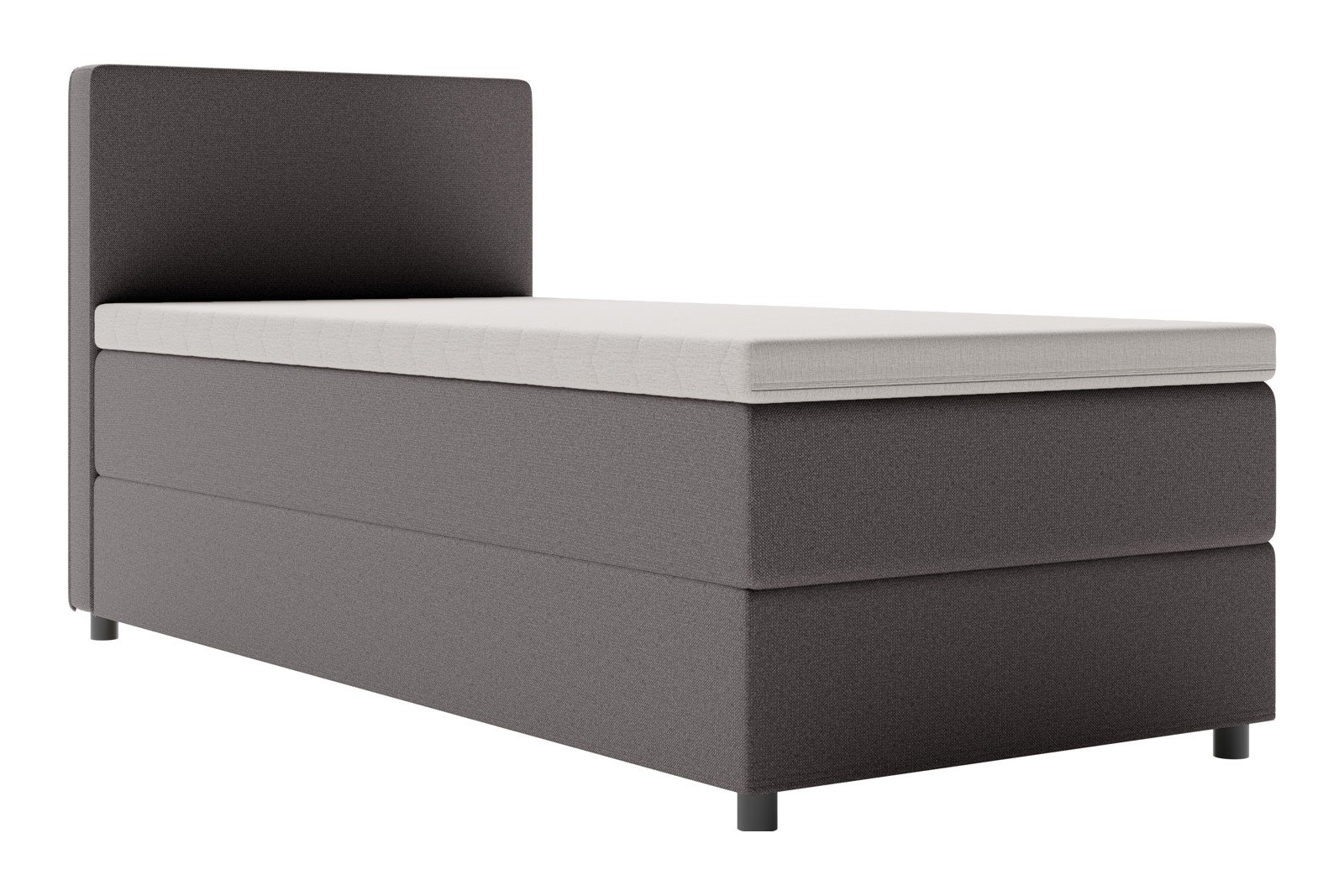 Premium 10 oppbevaringsseng 90x200 cm Magasinseng med oppbevaring, åpnes fra siden. I tekstil storm 97 grå, med fast fasthetsgrad og premium 10 overmadrass, Sorte ben. Sengegavl selges separat.