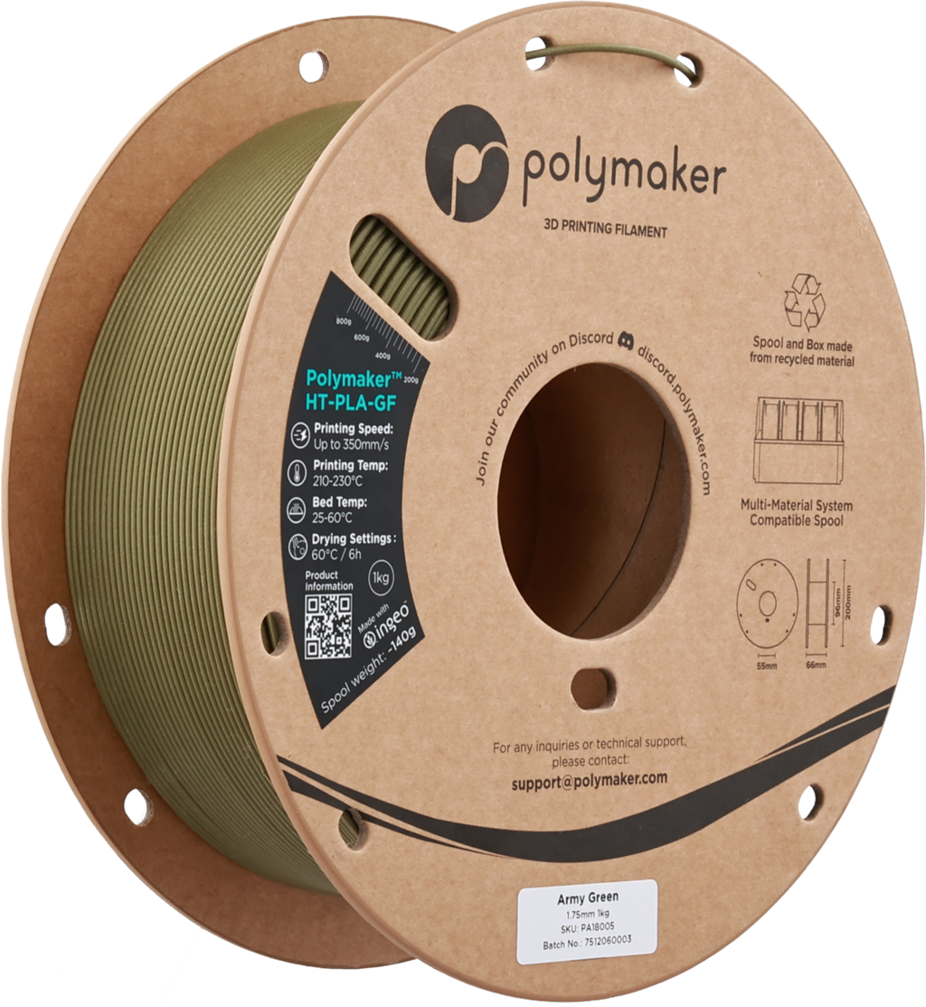 Polymaker  HT-PLA-GF Army Green, 1,75 mm / 1000 g    Hitzestabiles & temperaturbeständiges Hochleistungs-PLA für anspruchsvolle Anwendungen in Army Green
