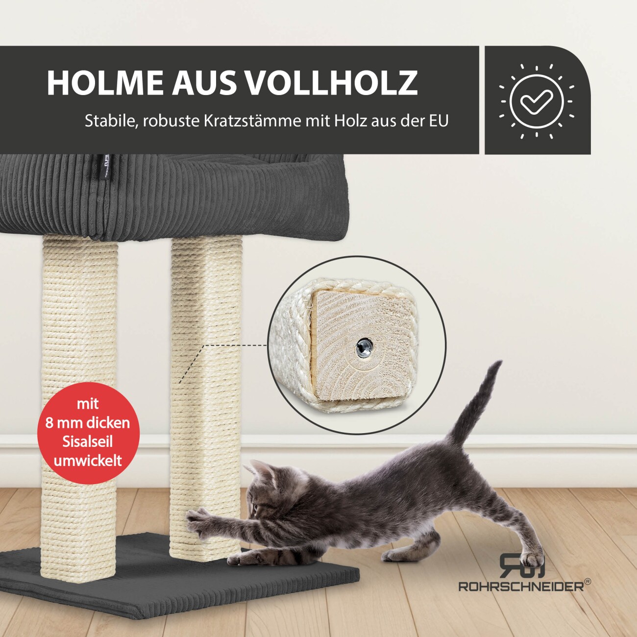 Rohrschneider ® moderner Kratzbaum, Kratzsäulen aus Vollholz, Katzenbett mit Wendekissen