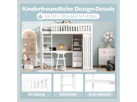 Lit mezzanine 90x200 Bureau Armoire 3 tiroirs Garde-corps Escalier Blanc