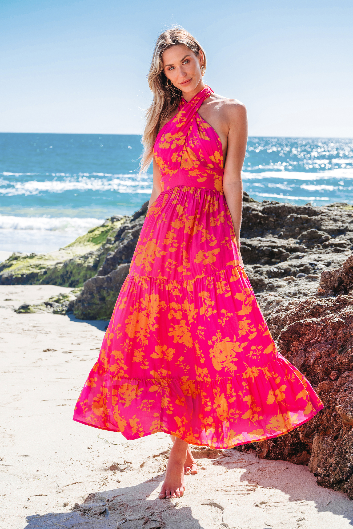 Robe maxi avec col licou croisée à fleurs roses et orange