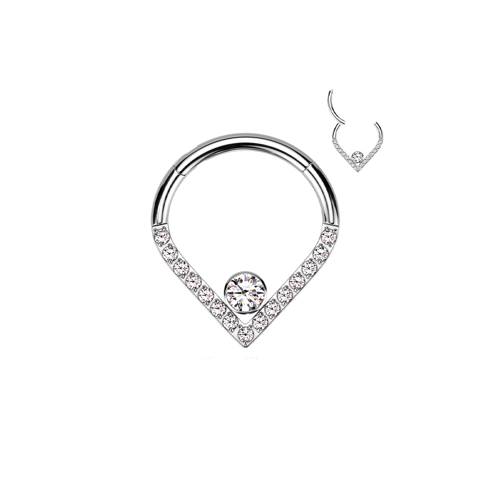 (8mm) Daith / Tragus / Septum G23 Titan Mehrzweck Piercing Ring Strass Chevron - Silber